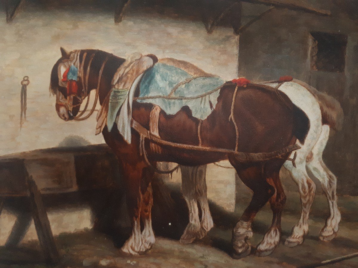 Watercolor Genre Scene Towing Horses And Children 19th-photo-3