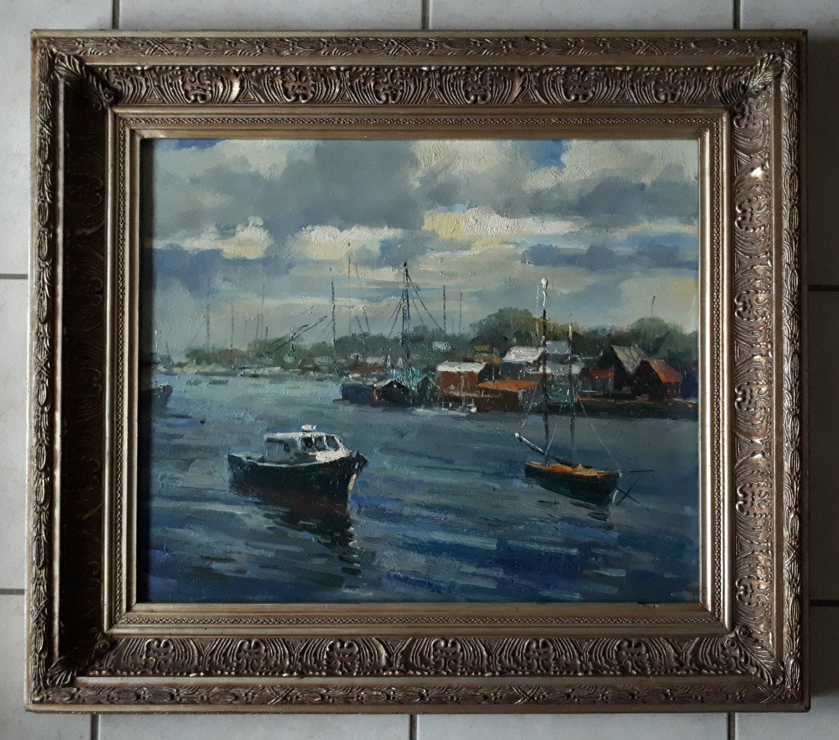 Painting Oil On Canvas Seascape Port (signed)-photo-2