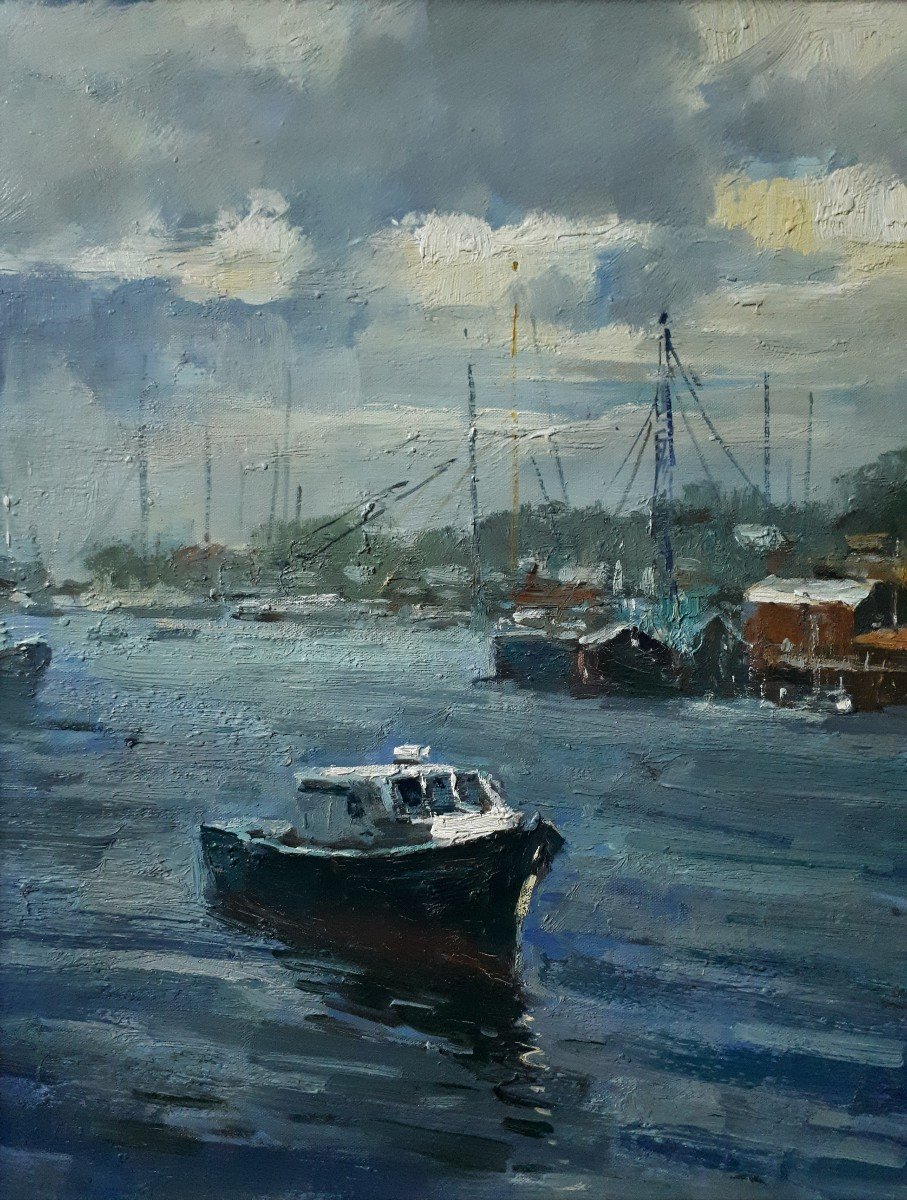 Painting Oil On Canvas Seascape Port (signed)-photo-3