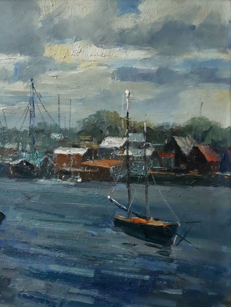 Painting Oil On Canvas Seascape Port (signed)-photo-4