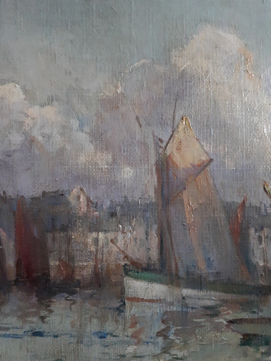 François Gueho (1881-1951) Oil On Canvas Marine Breton Port Brittany-photo-2