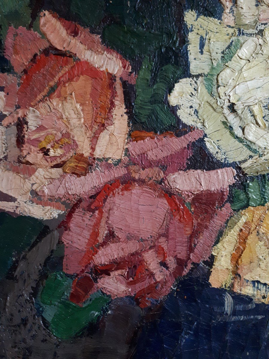Léontine DARRIET (née en 1872) huile sur toile nature morte au bouquet de fleurs-photo-5