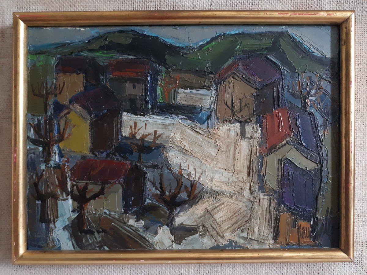Tableau huile sur toile paysage rue de village 1930 / 1940 (signé)-photo-2