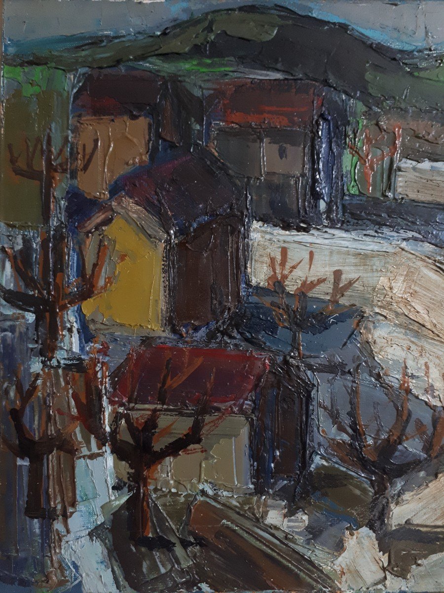 Tableau huile sur toile paysage rue de village 1930 / 1940 (signé)-photo-3