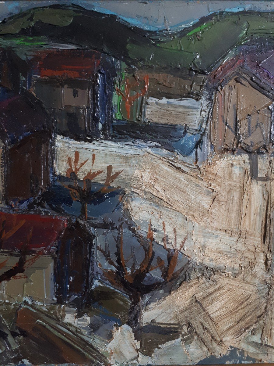 Tableau huile sur toile paysage rue de village 1930 / 1940 (signé)-photo-4