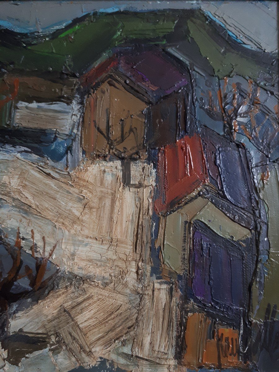 Tableau huile sur toile paysage rue de village 1930 / 1940 (signé)-photo-1