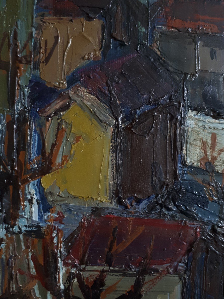 Tableau huile sur toile paysage rue de village 1930 / 1940 (signé)-photo-3