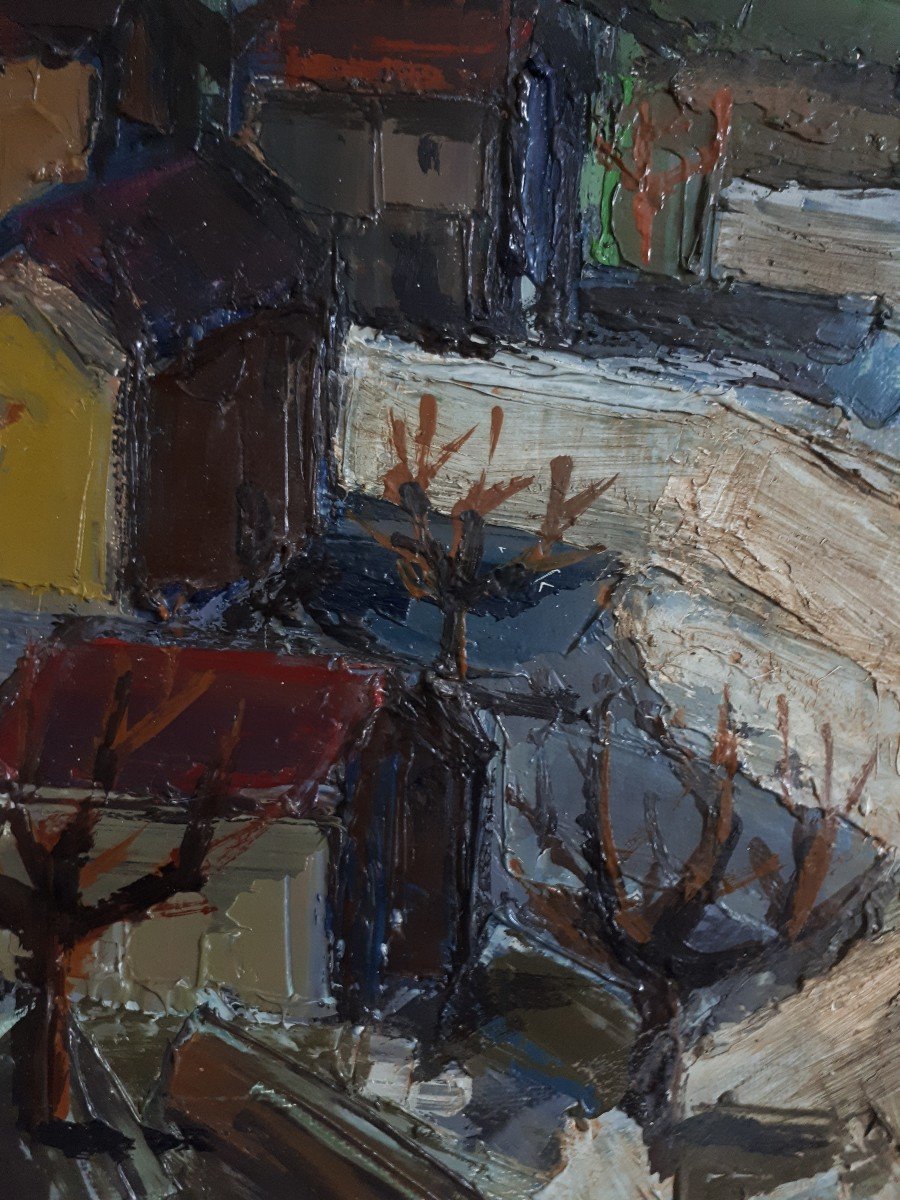 Tableau huile sur toile paysage rue de village 1930 / 1940 (signé)-photo-4