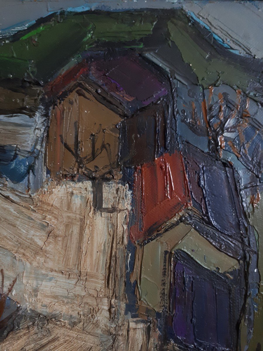 Tableau huile sur toile paysage rue de village 1930 / 1940 (signé)-photo-6