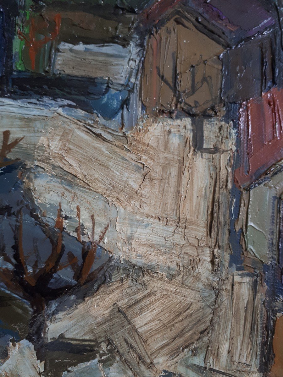 Tableau huile sur toile paysage rue de village 1930 / 1940 (signé)-photo-5
