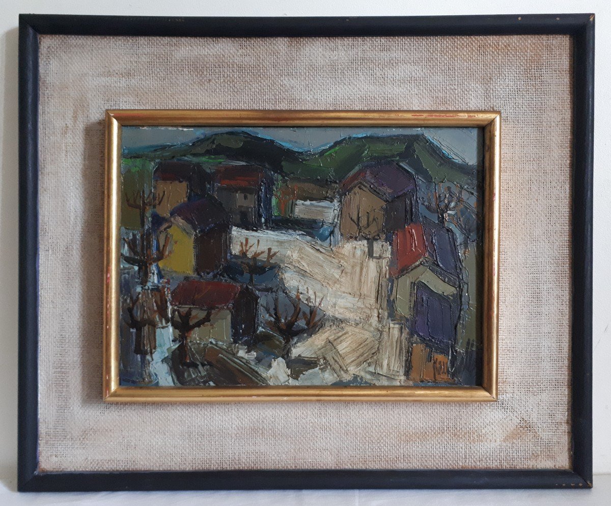 Tableau huile sur toile paysage rue de village 1930 / 1940 (signé)