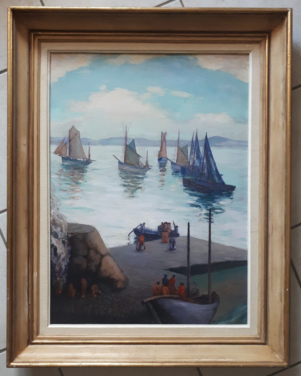 Louis Rodolphe Defontaine (1878-1962) Oil On Panel  Marine Returning From Fishing-photo-2