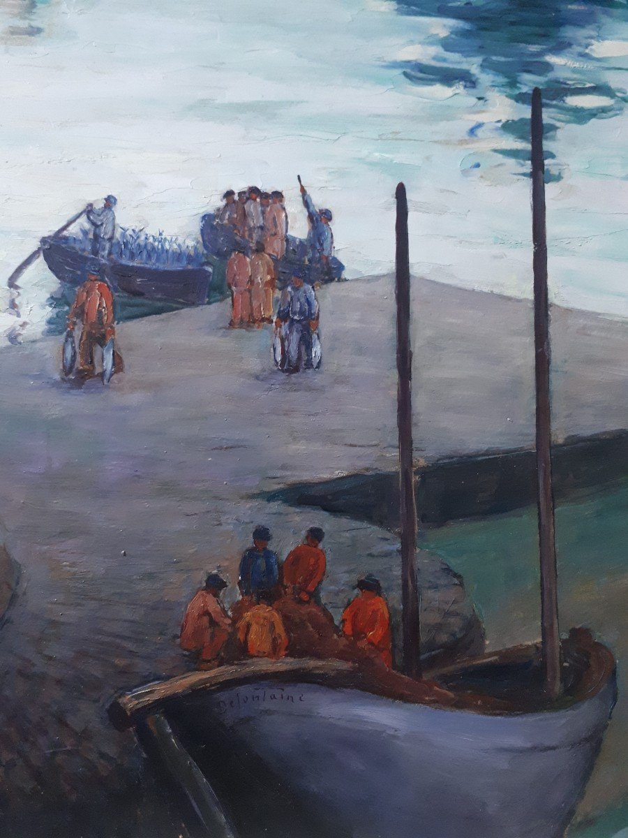 Louis Rodolphe Defontaine (1878-1962) Oil On Panel  Marine Returning From Fishing-photo-4