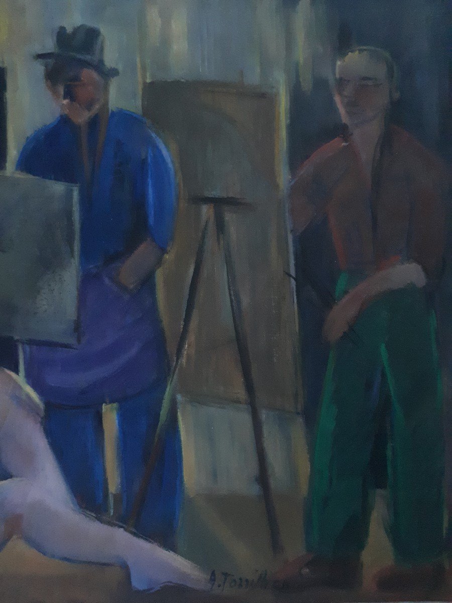 Amy Torrilhon (born In 1925) Painters' Workshop Female Nude Oil On Canvas Cubism-photo-3