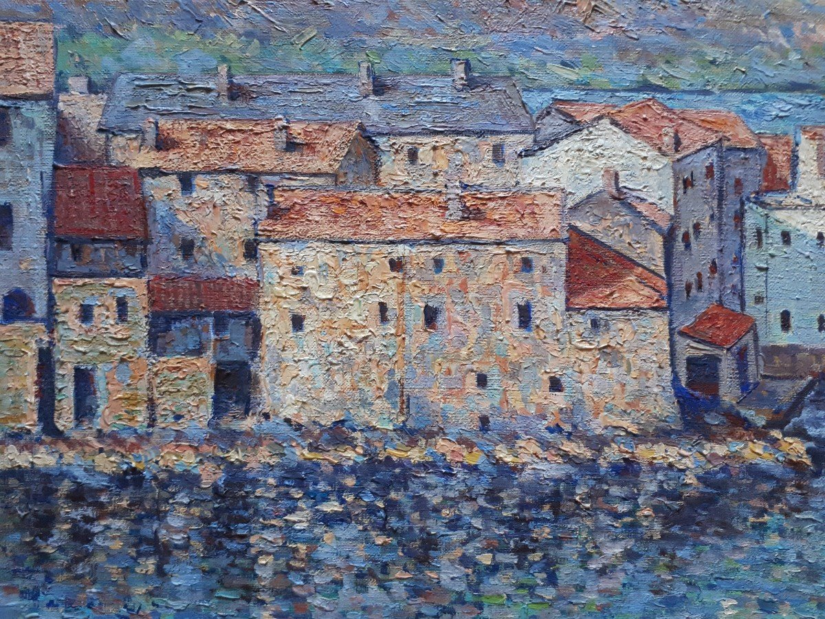 CAVALIERI vue de Saint Florent Corse huile sur toile marine-photo-1