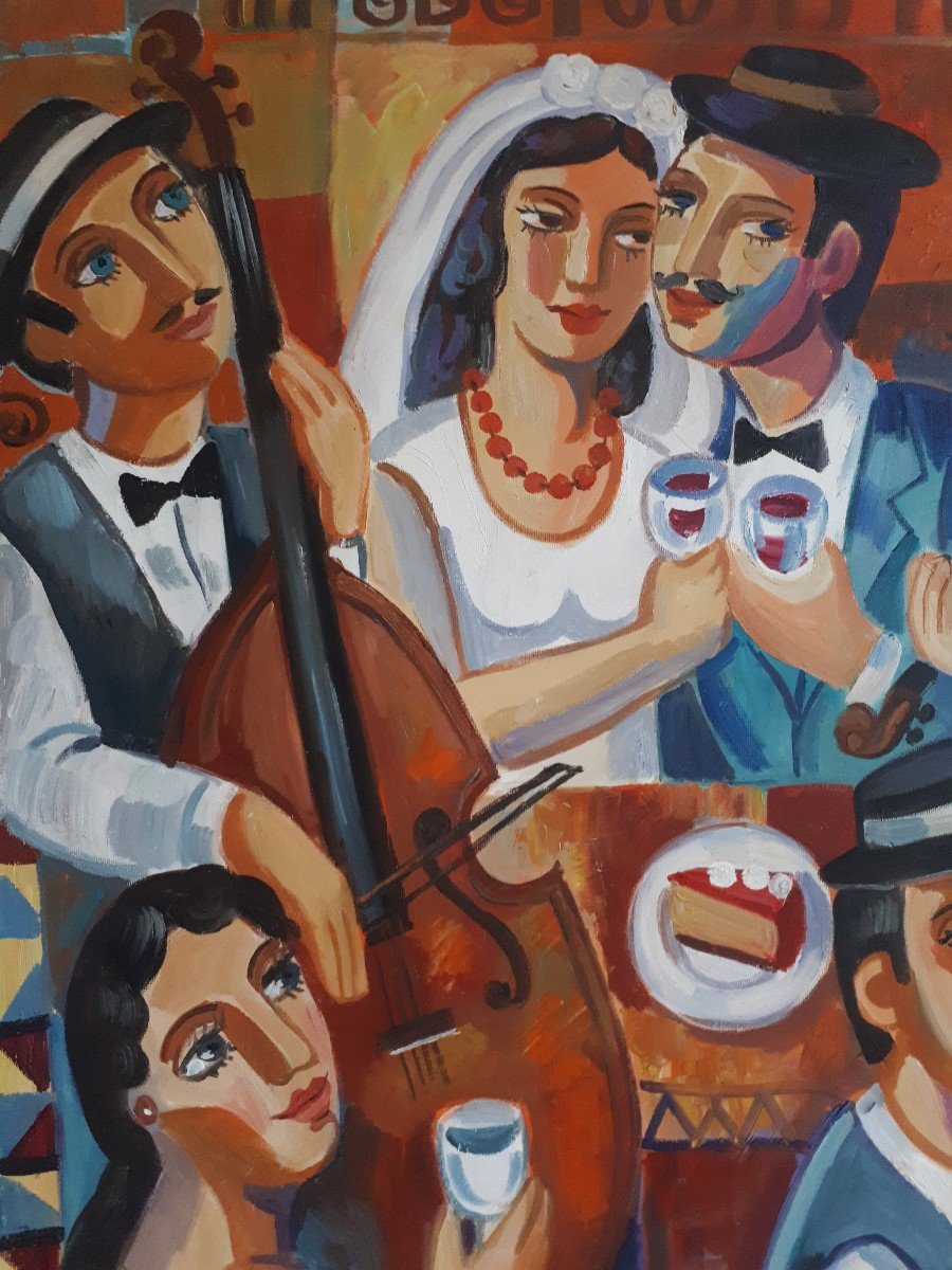 Samuel VEKSLER (né en 1966) huile sur toile scène de mariage musiciens-photo-2