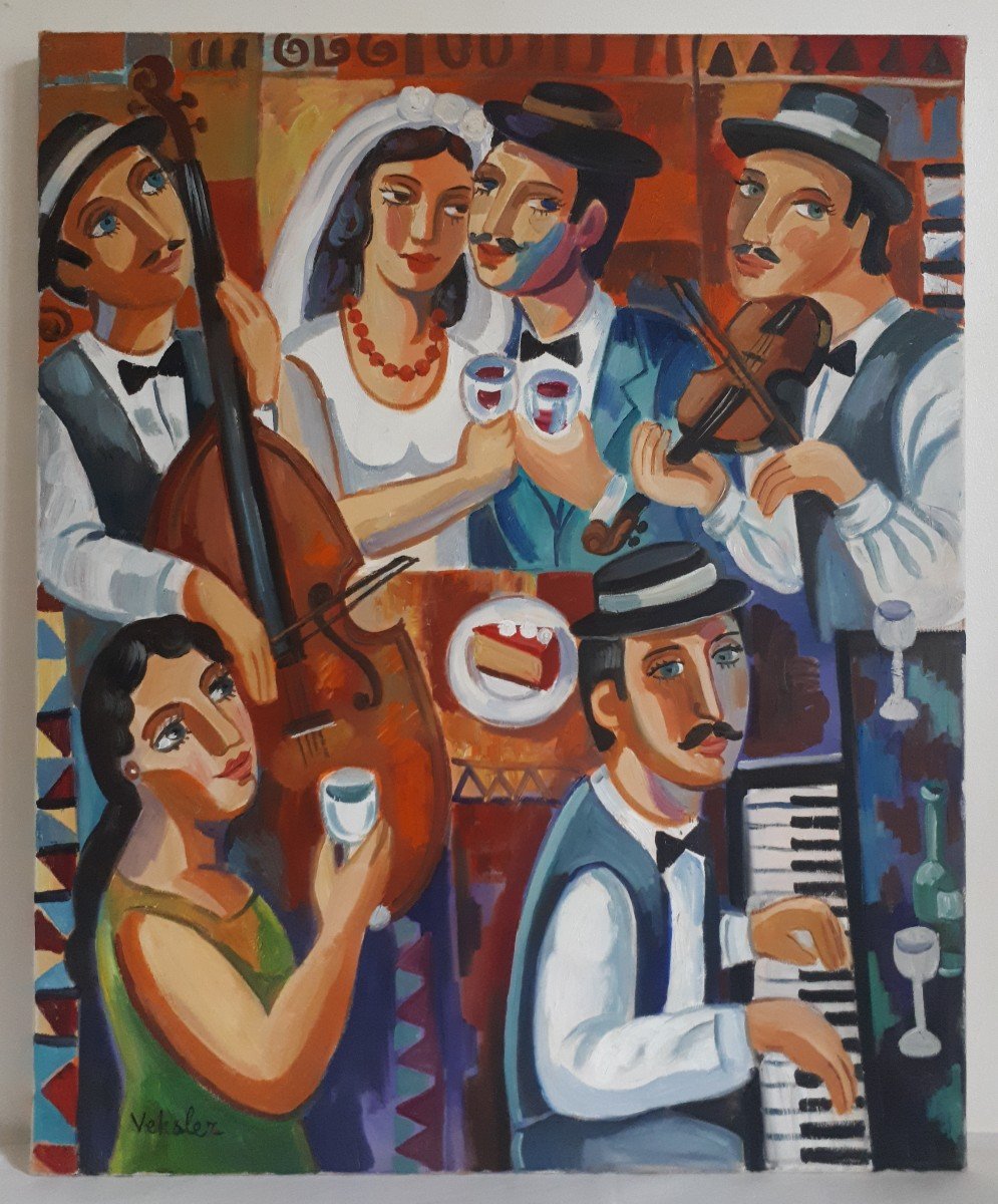 Samuel VEKSLER (né en 1966) huile sur toile scène de mariage musiciens