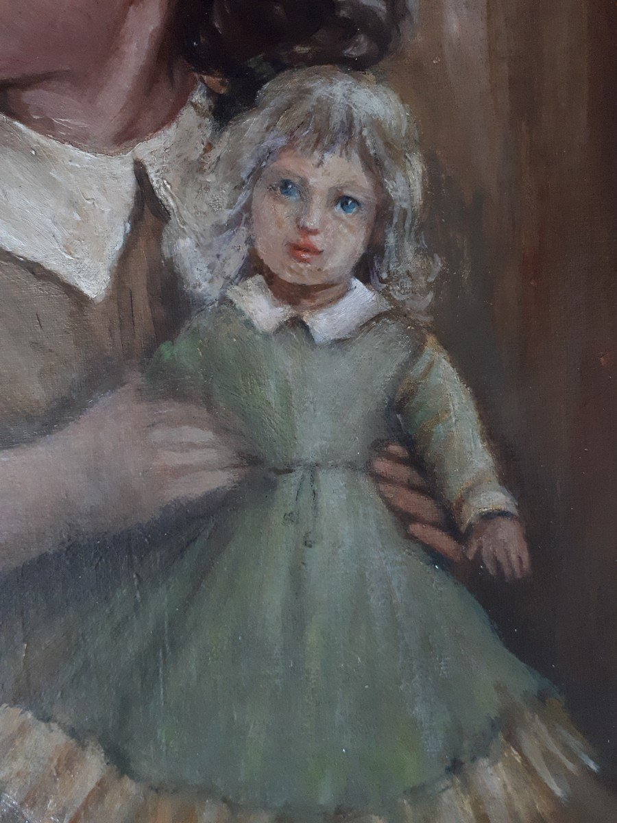 Portrait Of A Little Girl And Her Doll Oil On Canvas 1942 (signed) Italian School-photo-3