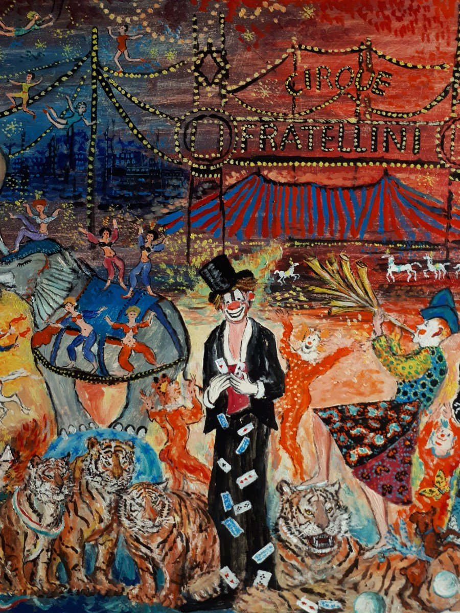 Mireille RICHEFORT huile sur panneau scène de cirque - Les clowns Fratellini - Art naïf-photo-3