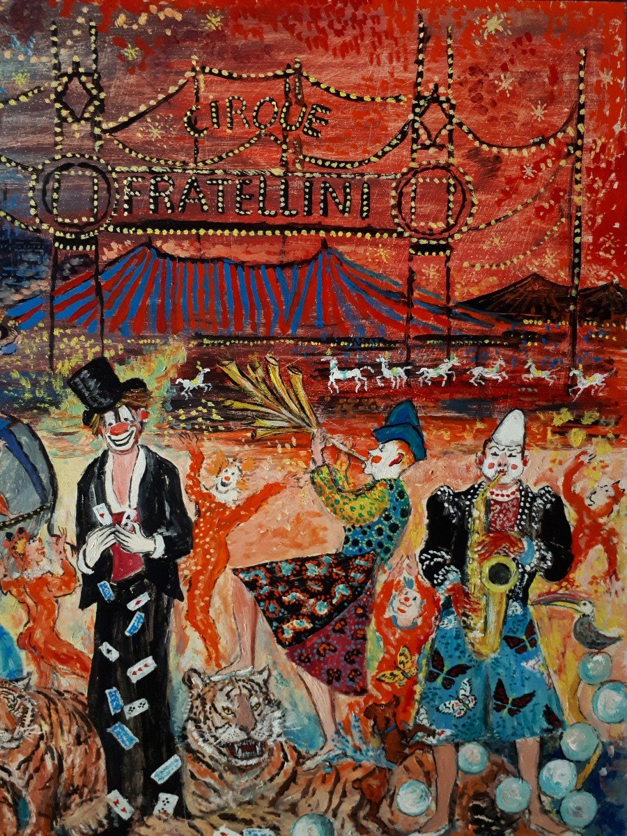 Mireille RICHEFORT huile sur panneau scène de cirque - Les clowns Fratellini - Art naïf-photo-4