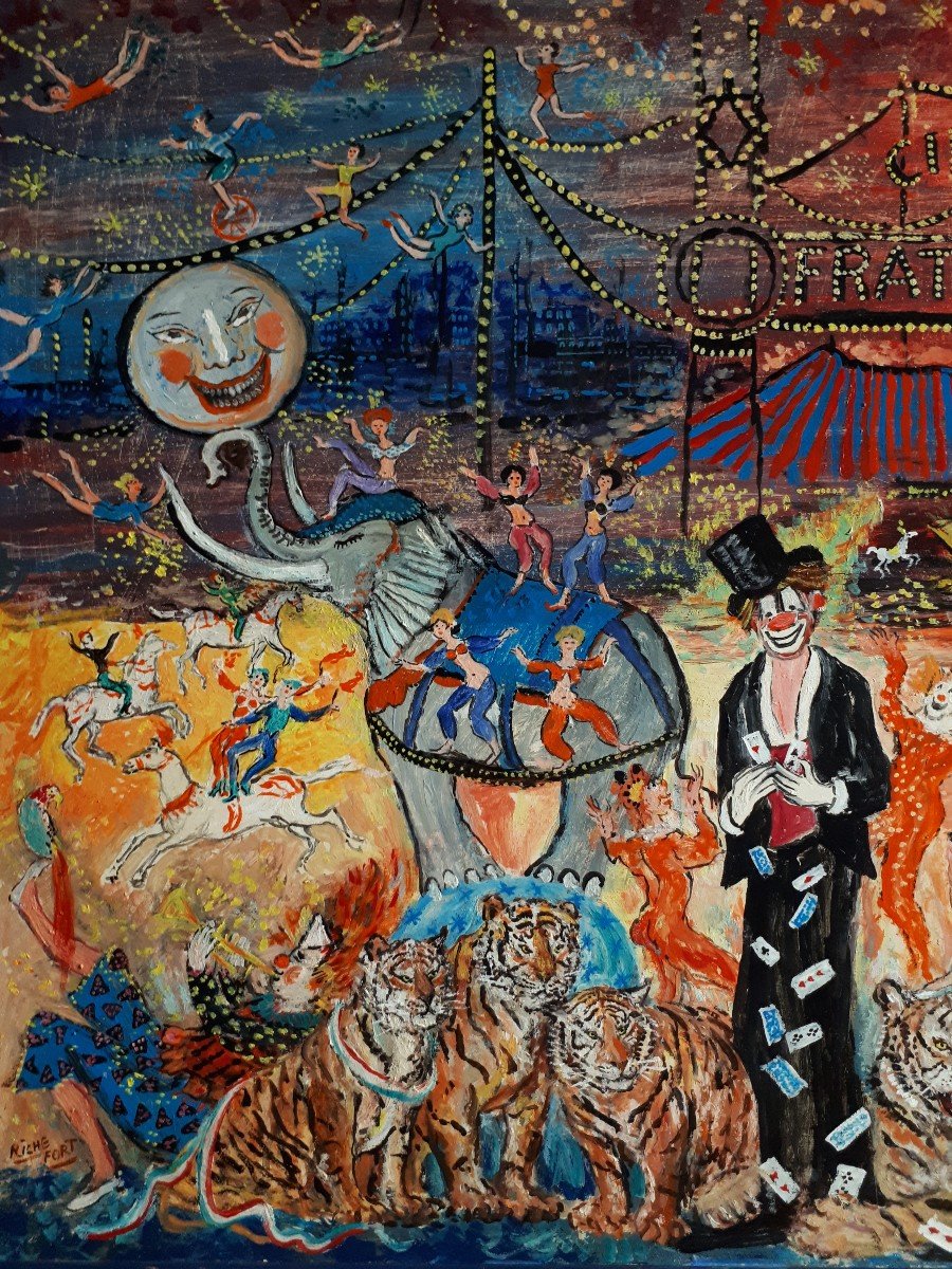 Mireille RICHEFORT huile sur panneau scène de cirque - Les clowns Fratellini - Art naïf-photo-2