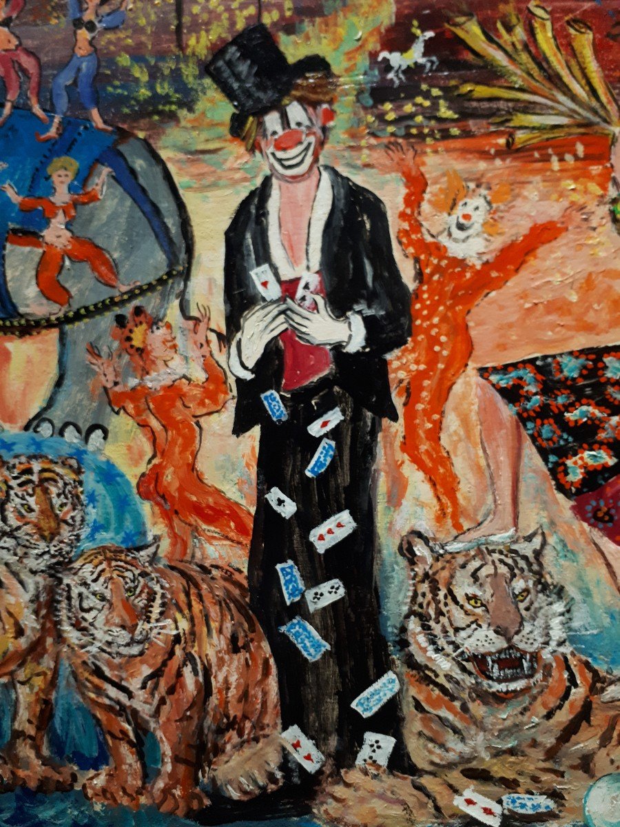 Mireille RICHEFORT huile sur panneau scène de cirque - Les clowns Fratellini - Art naïf-photo-4