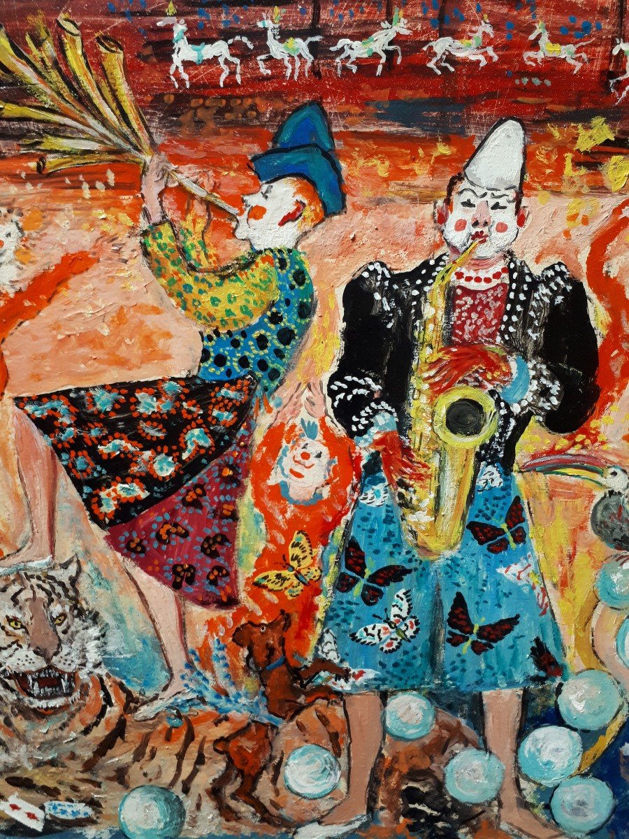 Mireille RICHEFORT huile sur panneau scène de cirque - Les clowns Fratellini - Art naïf-photo-5