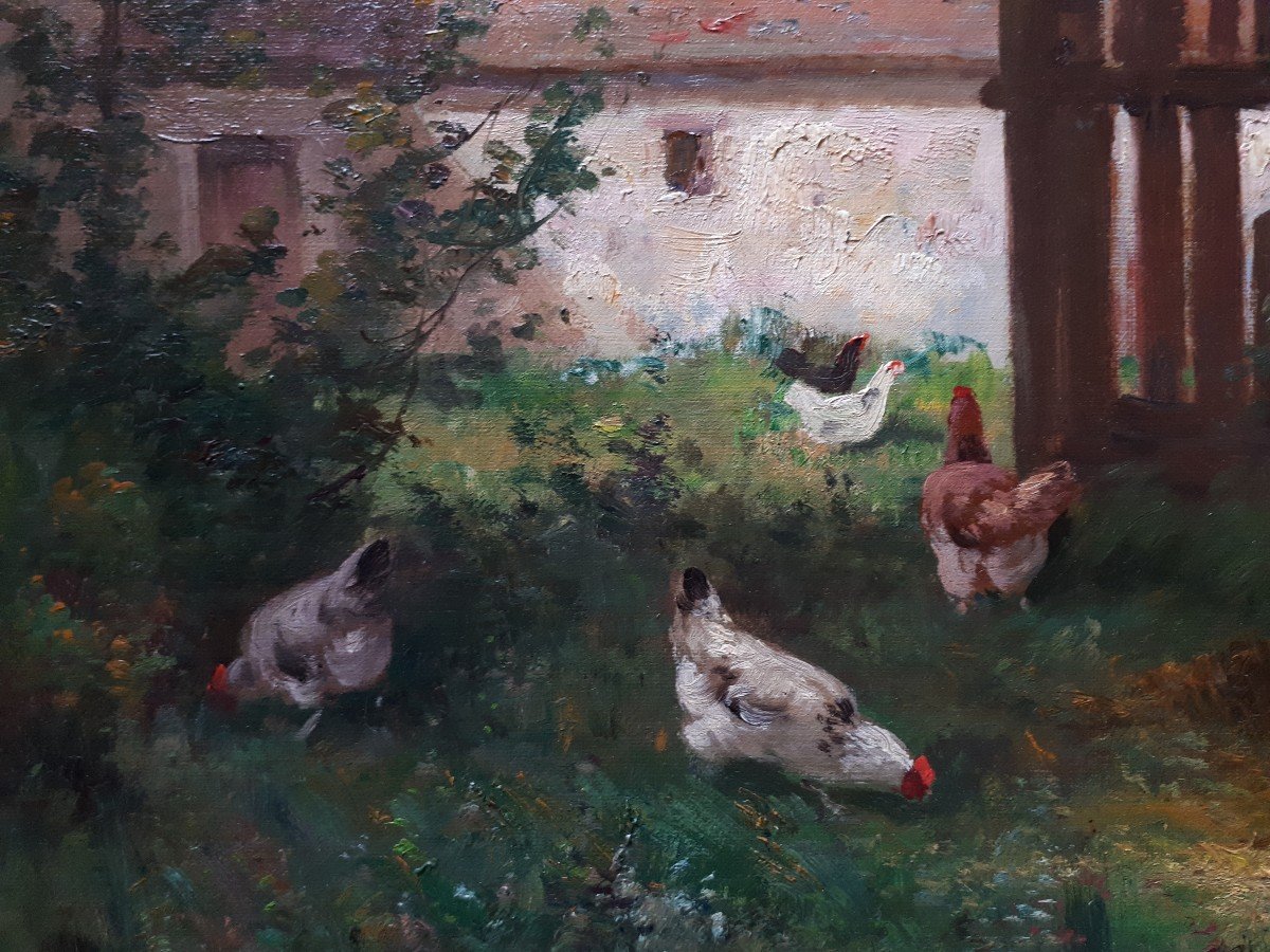 Charles MARECHAL (1865-1931) huile sur toile scène de basse-cour poules-photo-2