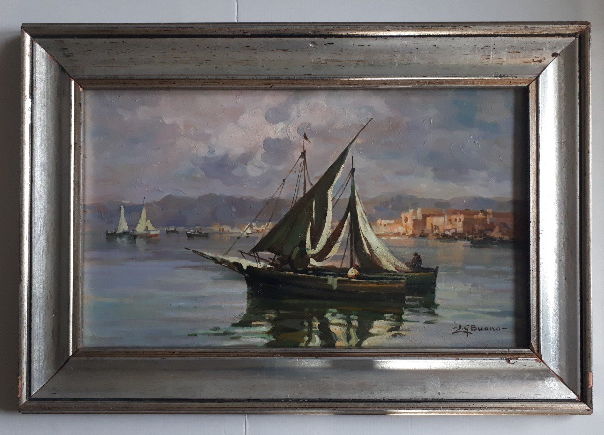 Leon Giuseppe BUONO (1887-1975) huile sur bois marine Italie Naples-photo-2