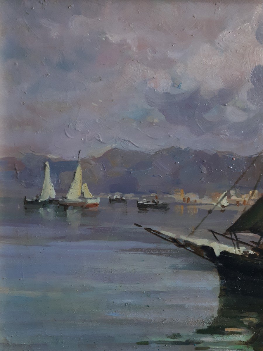 Leon Giuseppe BUONO (1887-1975) huile sur bois marine Italie Naples-photo-3