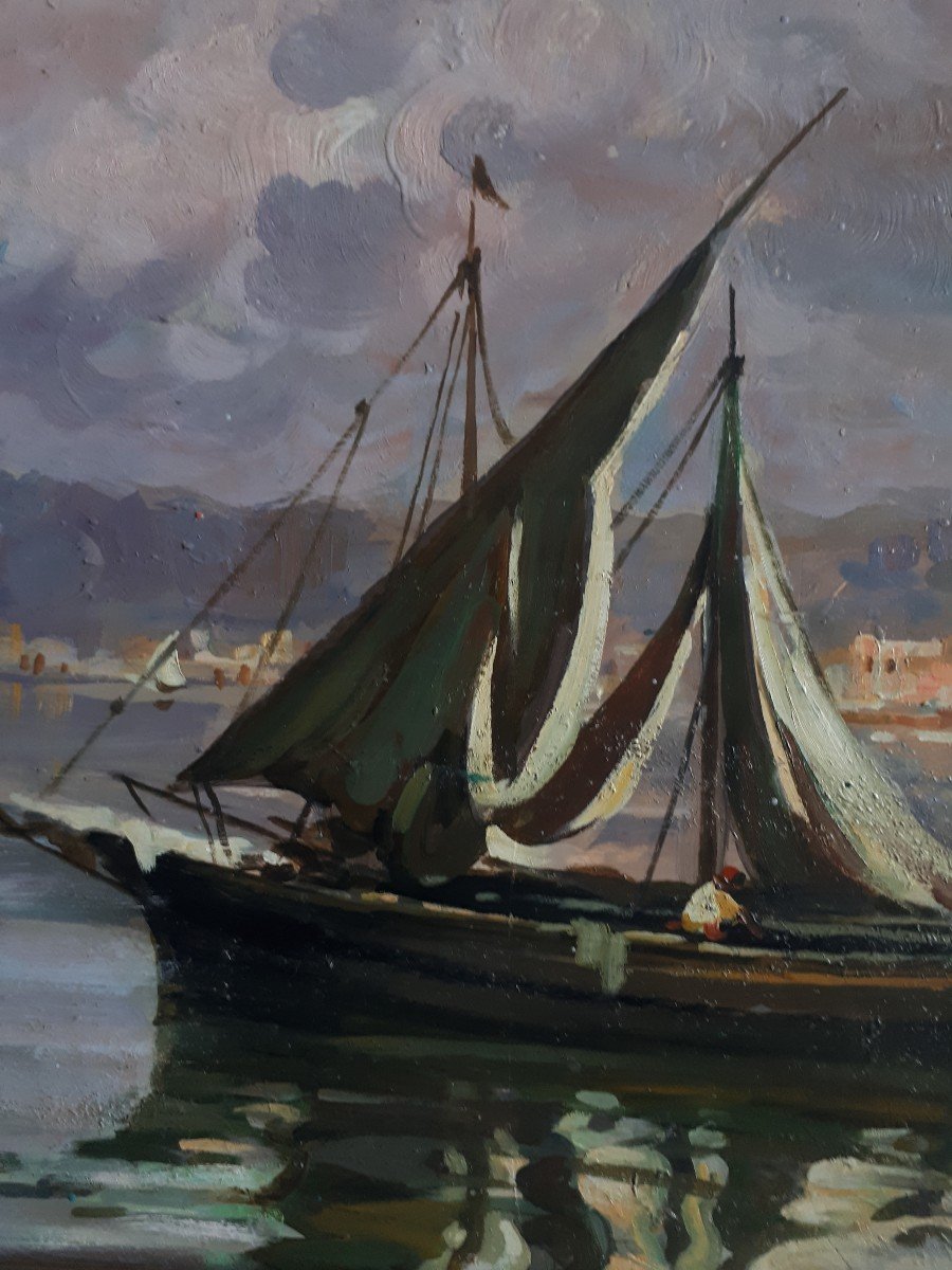 Leon Giuseppe BUONO (1887-1975) huile sur bois marine Italie Naples-photo-4