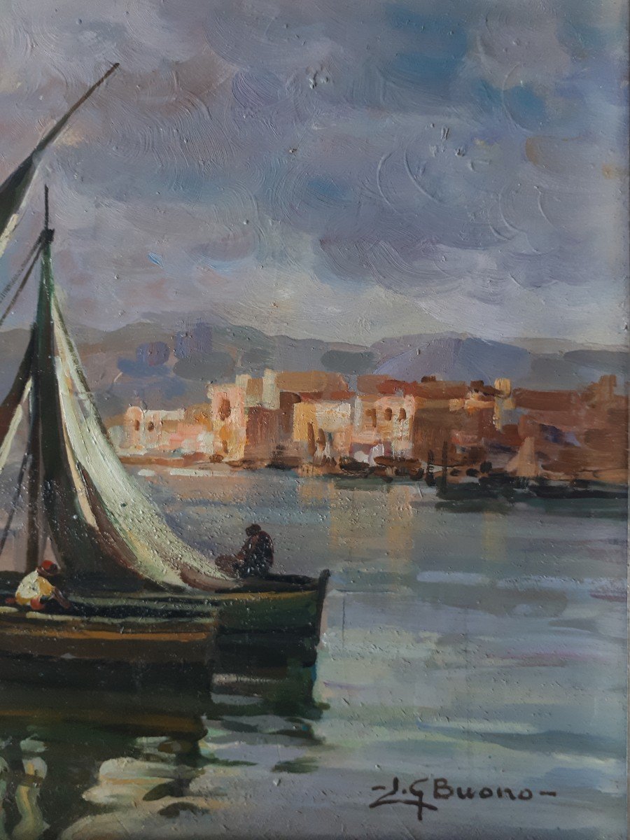 Leon Giuseppe BUONO (1887-1975) huile sur bois marine Italie Naples-photo-1
