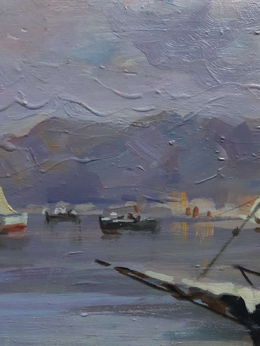 Leon Giuseppe BUONO (1887-1975) huile sur bois marine Italie Naples-photo-3