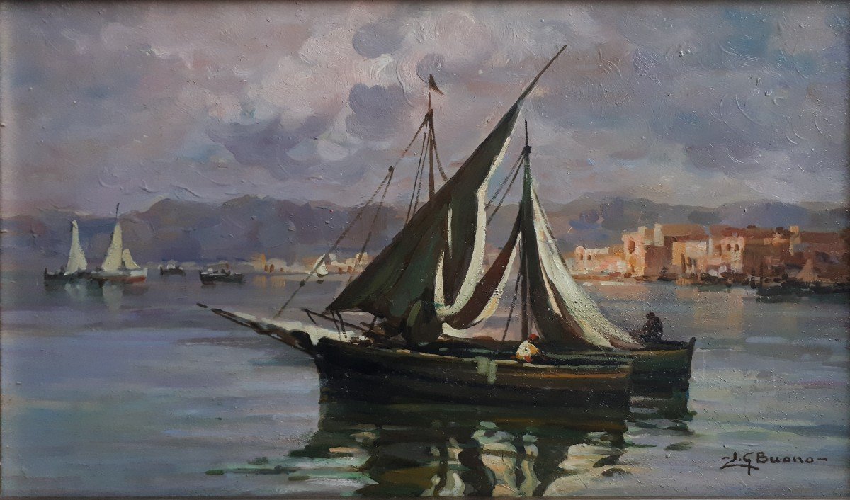 Leon Giuseppe BUONO (1887-1975) huile sur bois marine Italie Naples