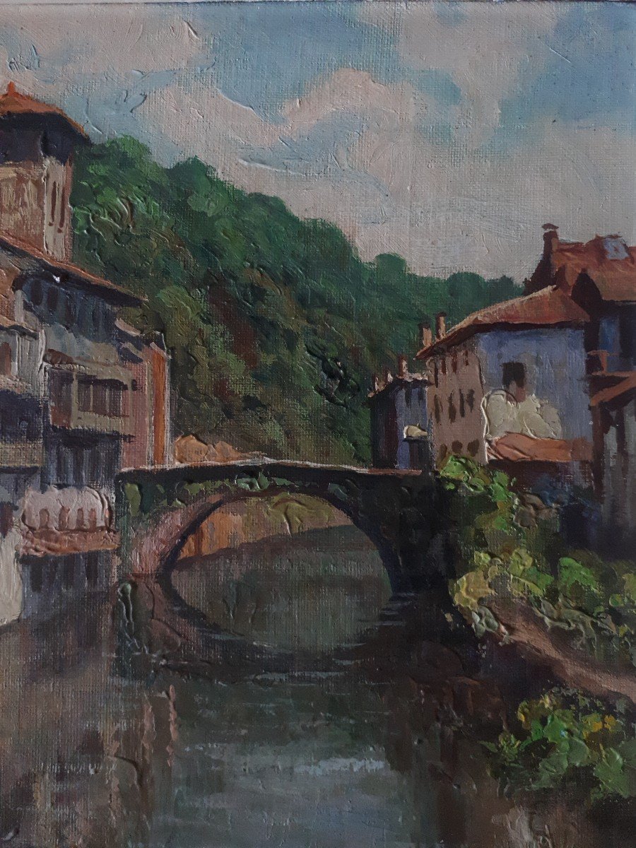 Pierre FABRE Saint-Jean-Pied-de-Port pont sur la Nive huile sur panneau 1964-photo-1