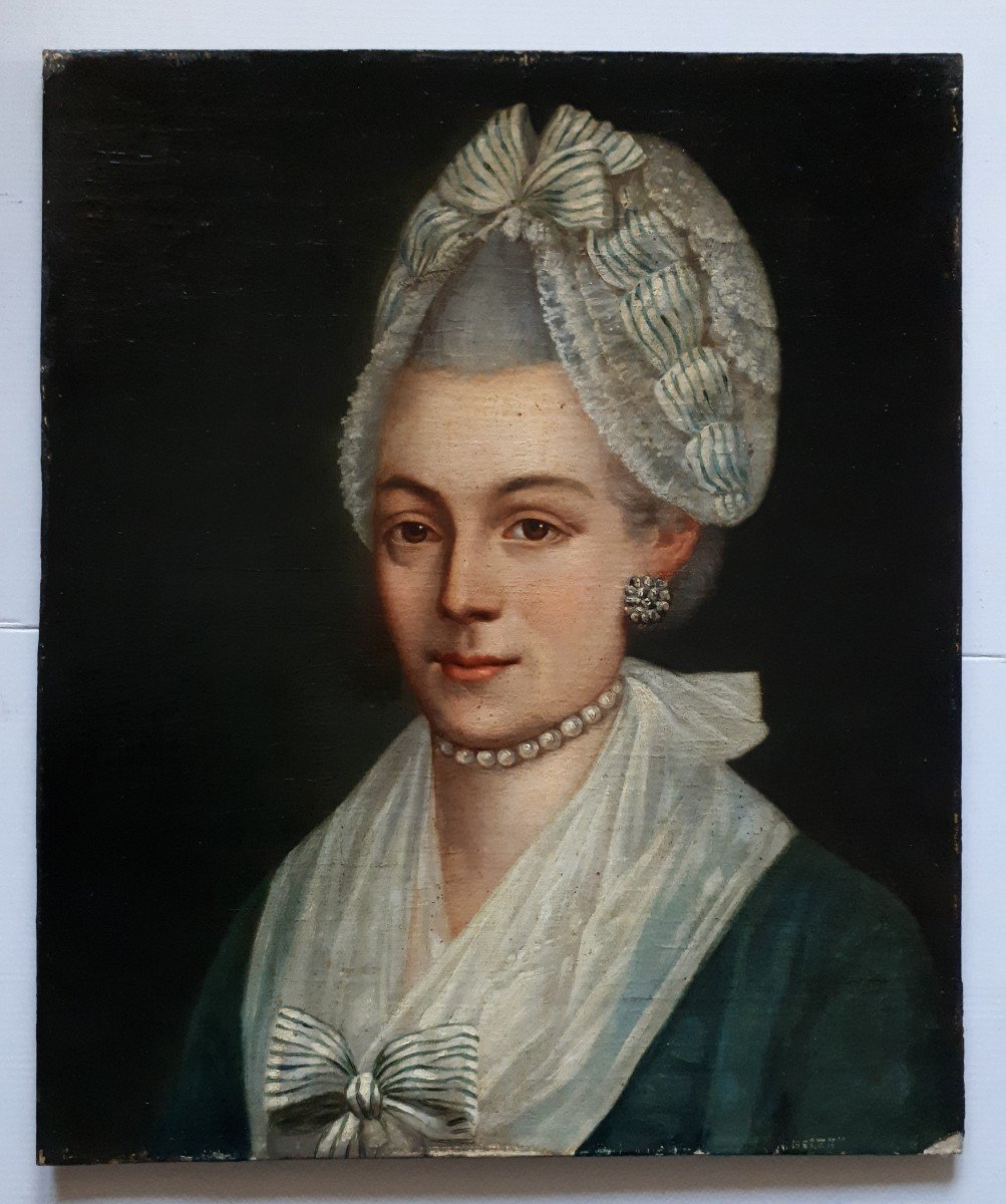 Portrait Of A Lady From The 18th Century, Oil On Panel-photo-2