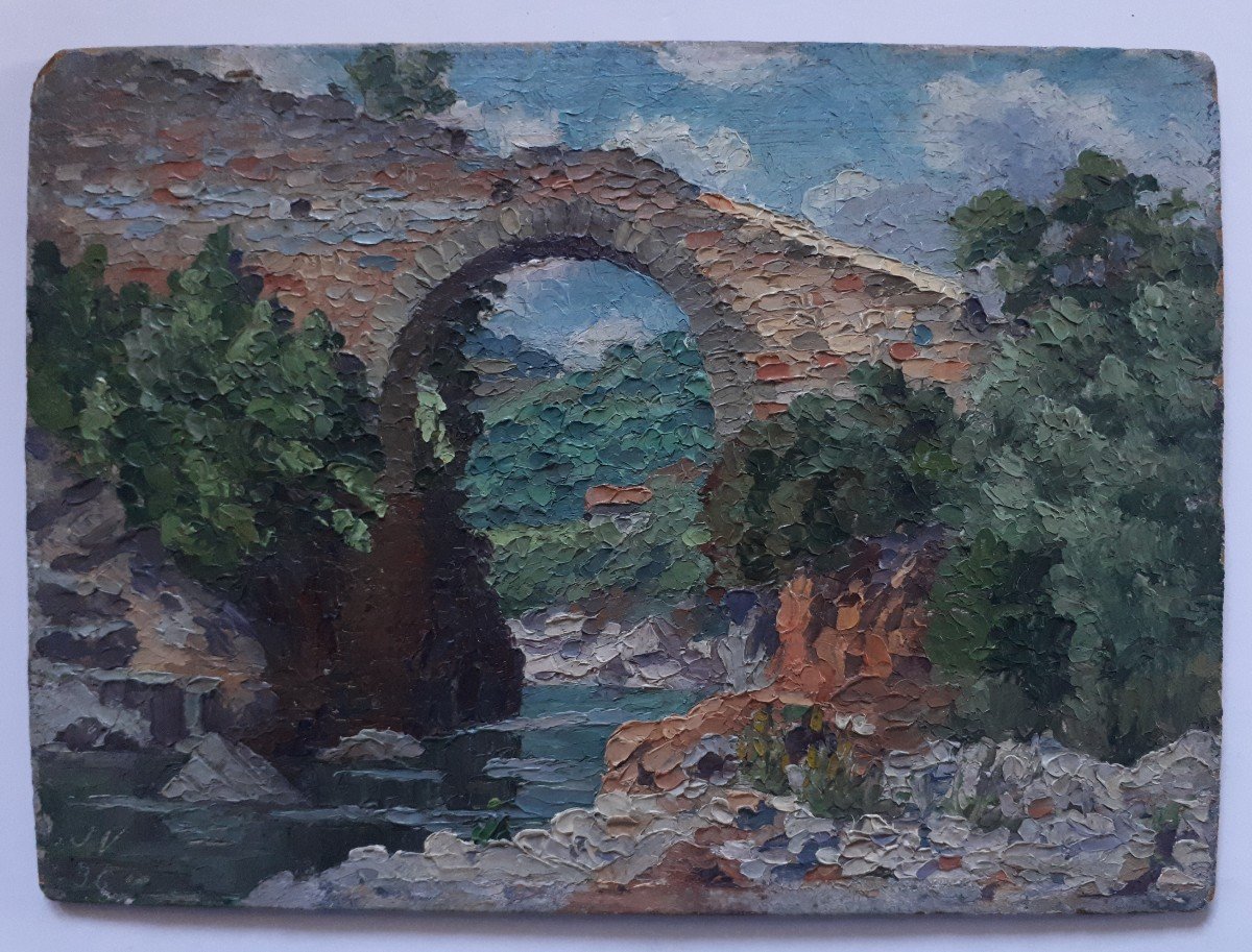 Le Pont du Diable à Thueyts Ardèche huile sur panneau J. Vermette 1936-photo-2