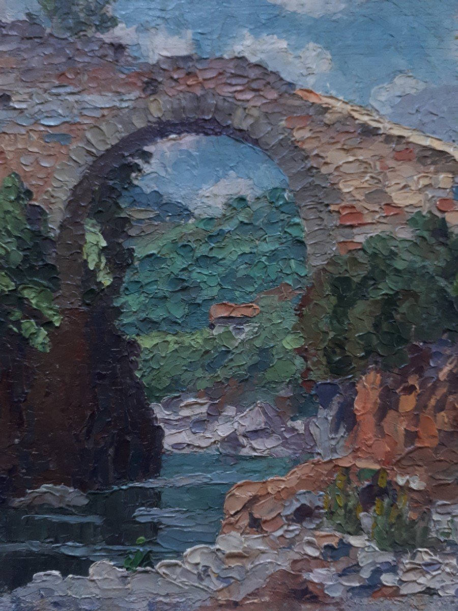 Le Pont du Diable à Thueyts Ardèche huile sur panneau J. Vermette 1936-photo-4