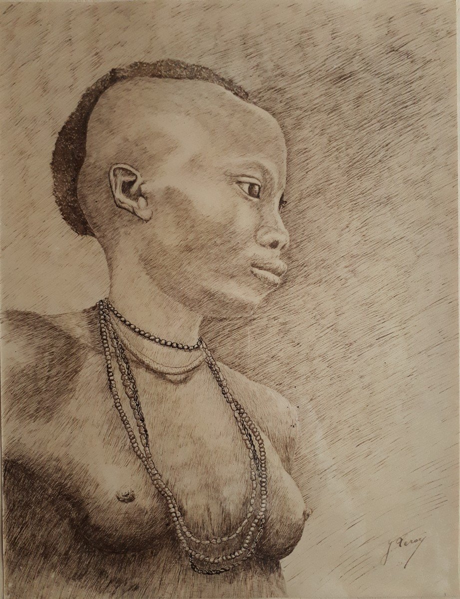 Pair Of Portraits Ink Drawings J. Leroy Late 19th Early 20th Africanism-photo-3