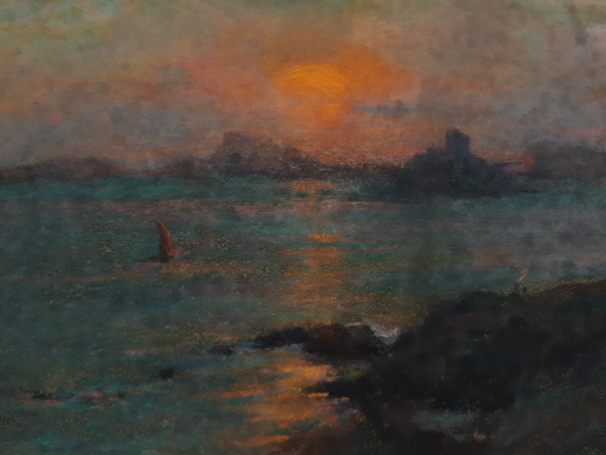 Michel Fronti (1862-1936) Pastel Marseille Château d'If And Frioul Archipelago At Dusk-photo-2