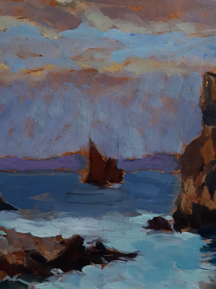 Camille DANDELOT (1914-1993) huile sur carton marine côte rocheuse-photo-3