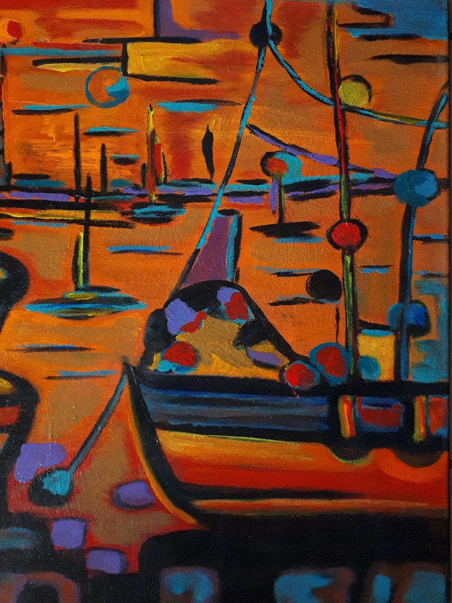 Jacqueline Rey (born In 1963, Sète School - Horizon Marin - Oil On Canvas, Sea, Port, Boats-photo-4