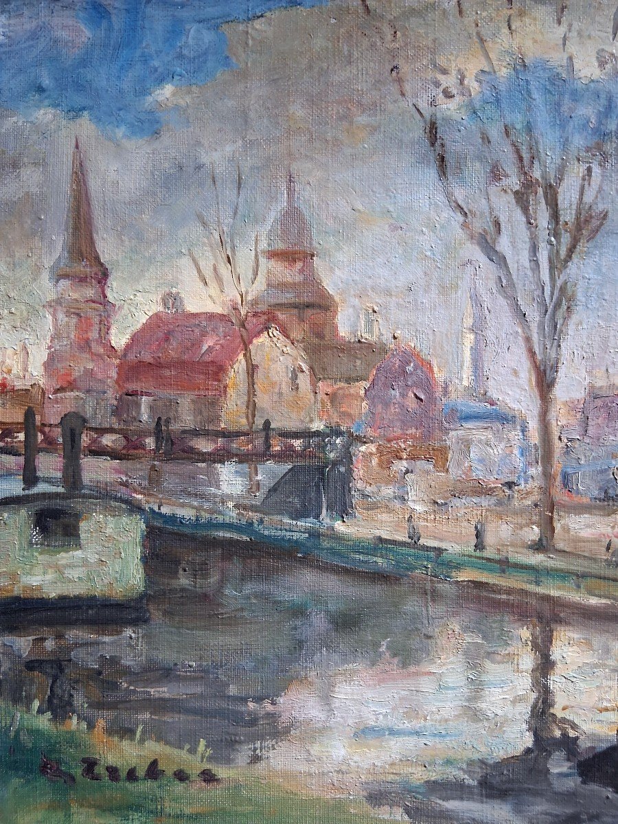Tableau huile sur toile paysage urbain canal péniches-photo-2