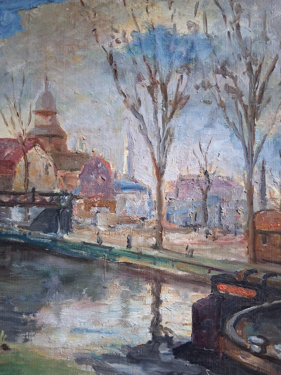 Tableau huile sur toile paysage urbain canal péniches-photo-3