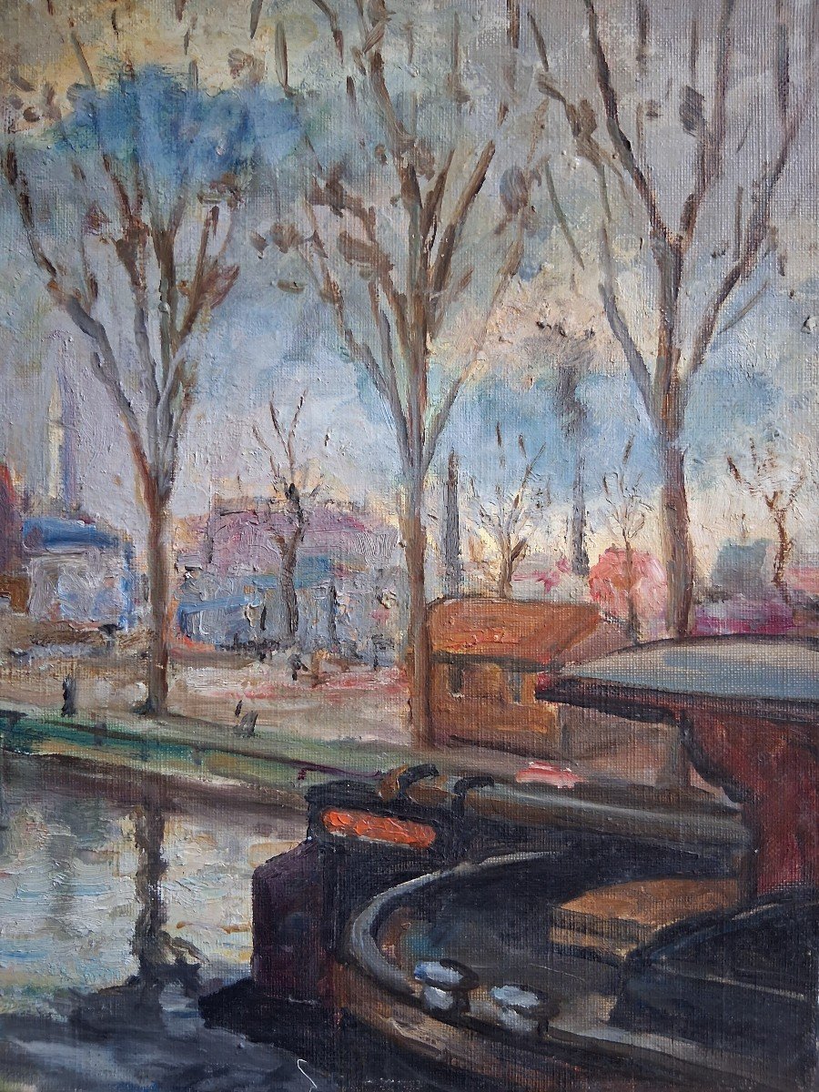 Tableau huile sur toile paysage urbain canal péniches-photo-4