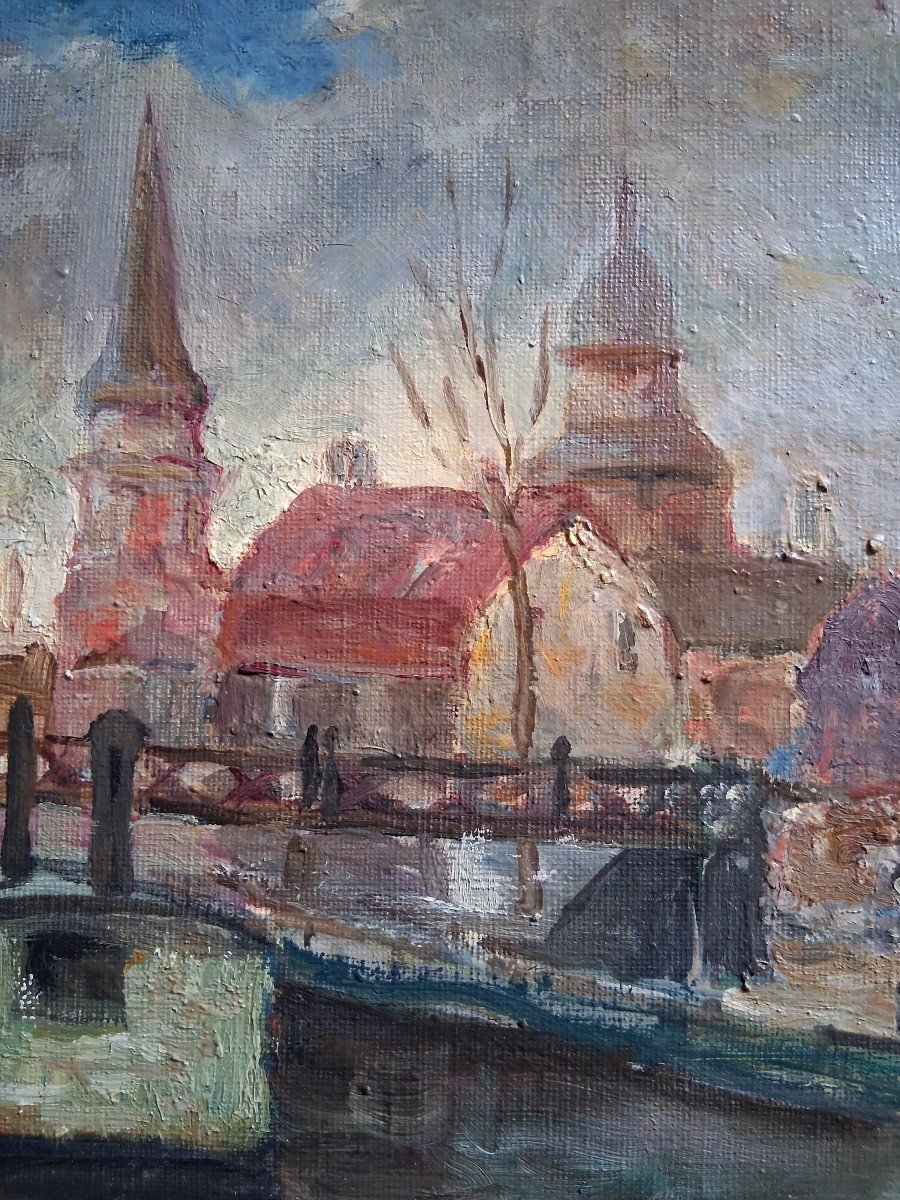 Tableau huile sur toile paysage urbain canal péniches-photo-1