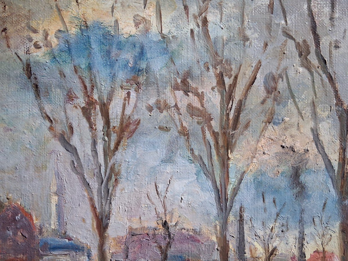 Tableau huile sur toile paysage urbain canal péniches-photo-5