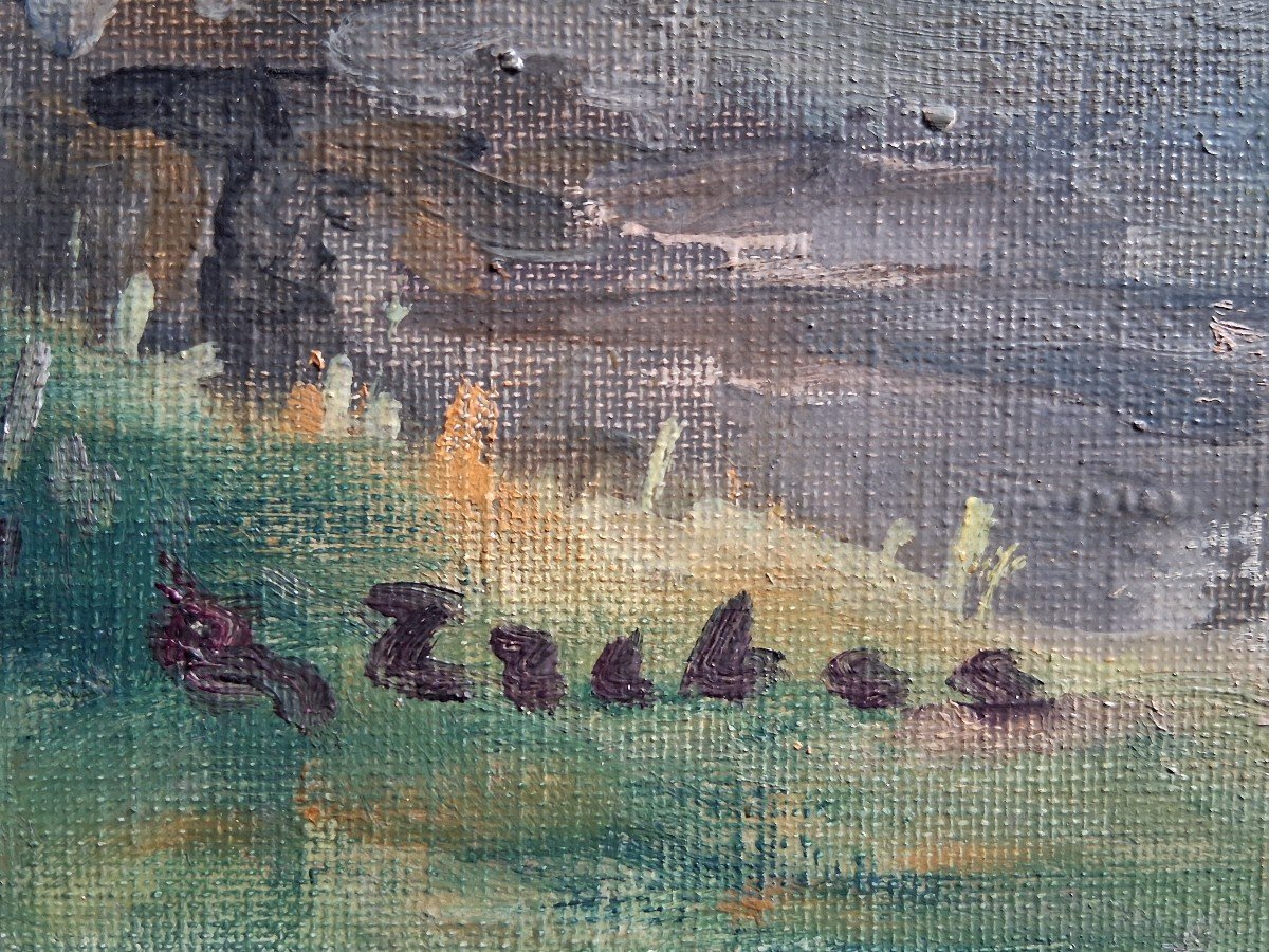 Tableau huile sur toile paysage urbain canal péniches-photo-6