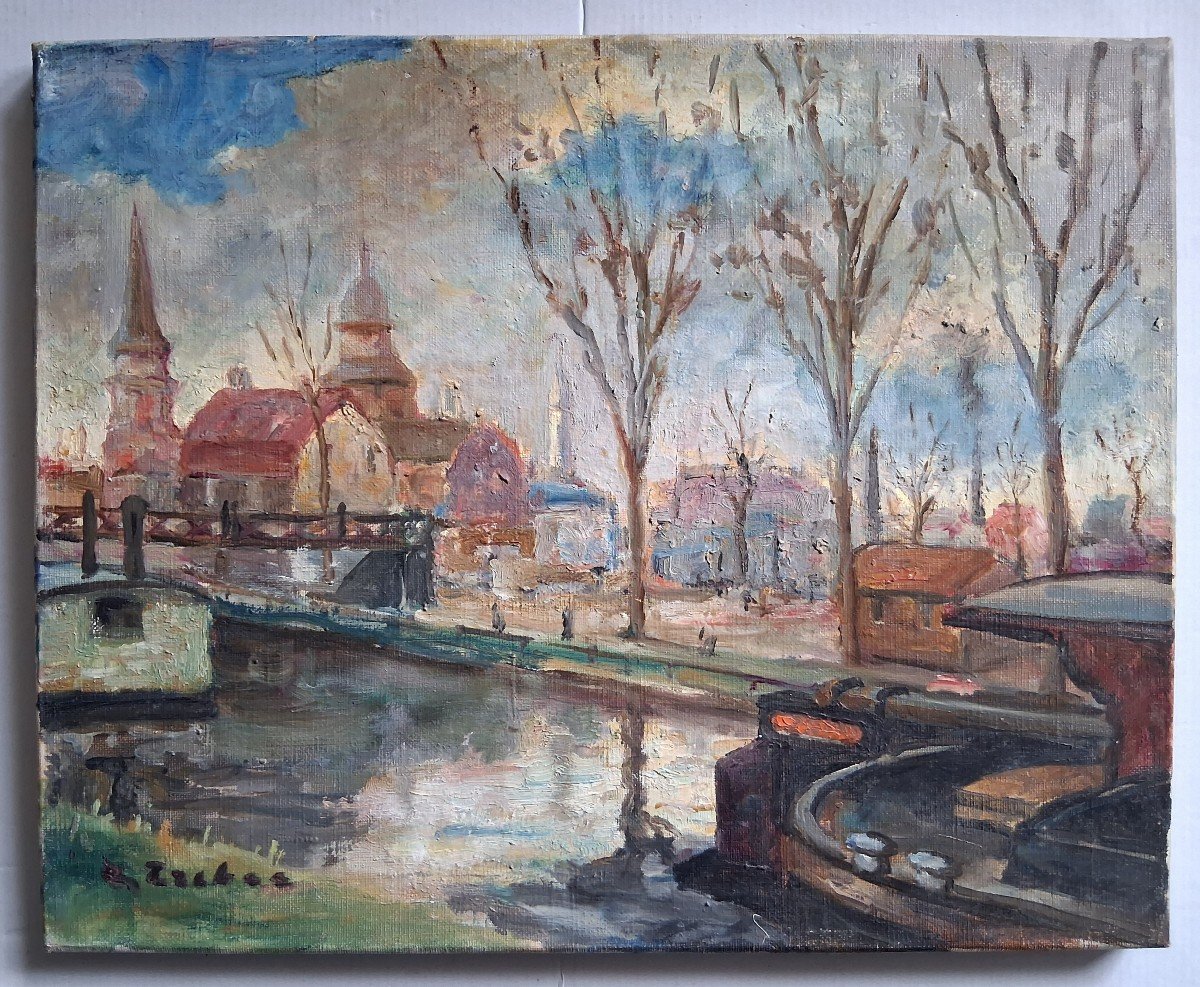 Tableau huile sur toile paysage urbain canal péniches