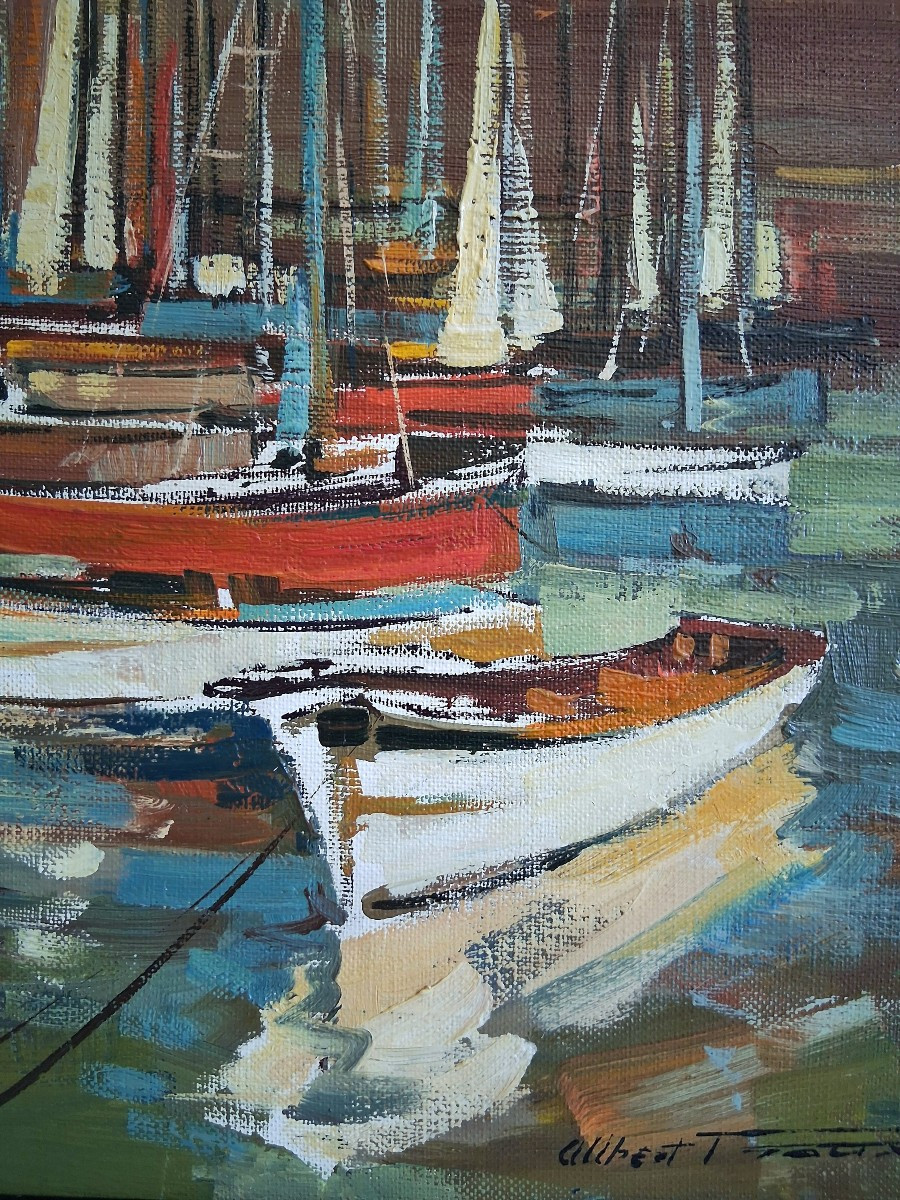 Albert Proux (born In 1943) Sailboats In Socoa, Basque Country, Oil On Canvas-photo-1